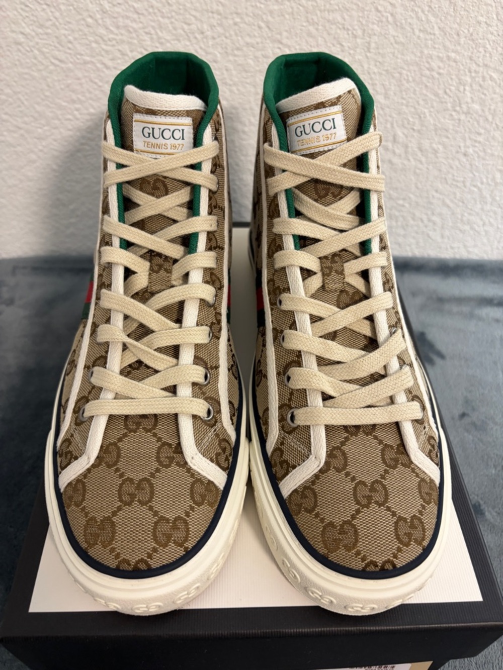 Brand New Women’s Gucci Tennis 1977 High Top Beige Ebony Sneakers Sz 42 (US 12 - Picture 9 of 10